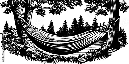 Tranquil hammock between trees in black and white forest setting