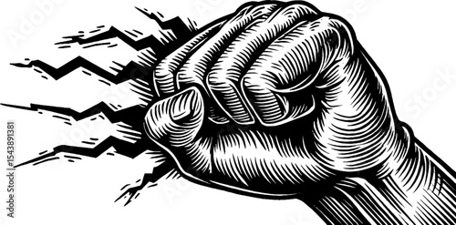 Powerful hand gripping lightning amidst clouds