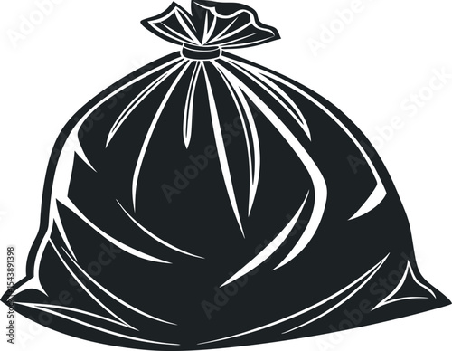 Black garbage bag with the top tied up showing it is full of trash.