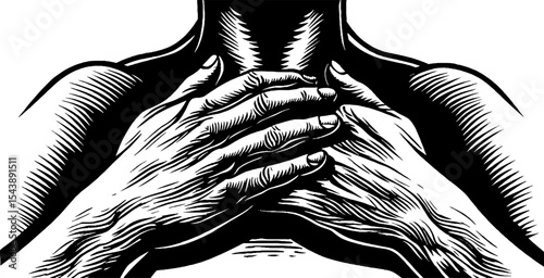 Hands pressed to chest expressing warmth and emotion in detailed black and white design