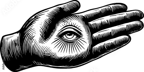 Mystical hand with eye in palm and motion lines for spiritual awareness design