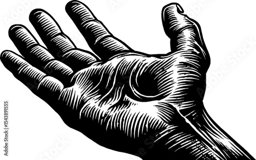 Expressive gesture of an upward reaching hand in black and white design