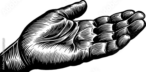 Surreal hand with open eye in palm black and white design for mystical art concepts