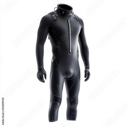 A sleek black full-body wetsuit designed for water sports, featuring reinforced seams, a front zipper, and integrated gloves for enhanced protection and flexibility. photo