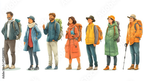 Group of seven diverse hikers dressed in winter gear, carrying backpacks and walking sticks, ready for outdoor adventure.