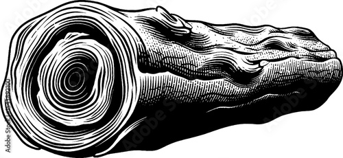 Nature-inspired design featuring hollow branch with spiral marks and insect trail