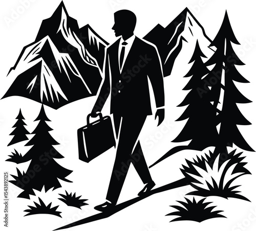 Businessman Exploring Mountain Nature Landscape in Silhouette Style