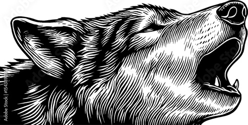 Howling wolf silhouette in black and white woodcut style for artistic design