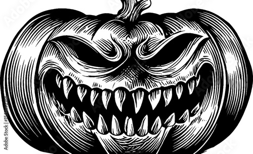 Spooky jack o lantern with crooked smile in black and white for halloween design