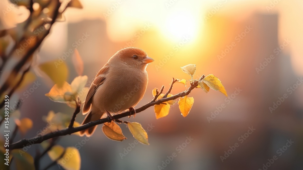 Obraz premium A delightful image of a small bird perched on a branch during sunrise, bathed in soft golden light, capturing the beauty of nature and tranquility of early mornings.