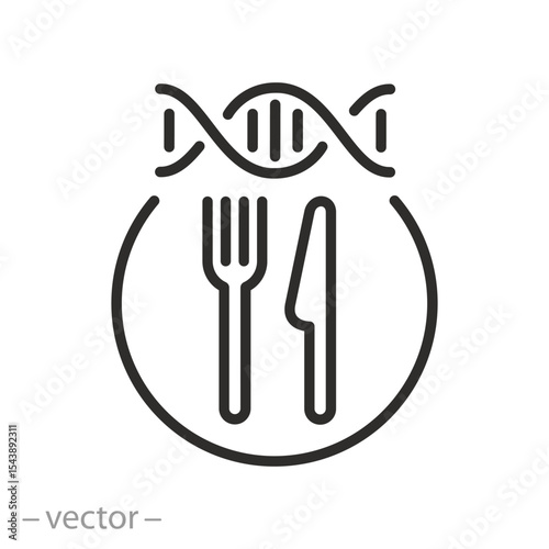 food dna, molecular diet icon, tableware, dna with fork knife, thin line symbol - editable stroke vector illustration