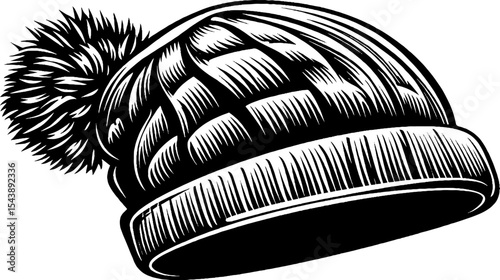 Black and white woodcut of knit beanie with pom pom for winter fashion design