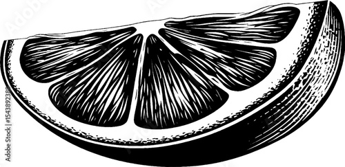 Juicy lemon slice black and white woodcut engraving design for art and decor