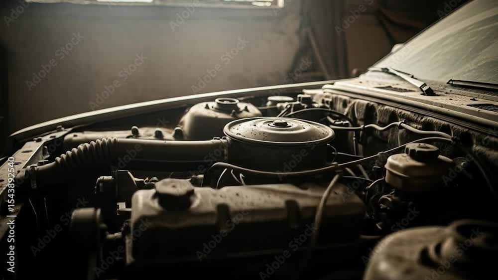 Dusty car engine in an abandoned garage, close-up view of the motor and surrounding components