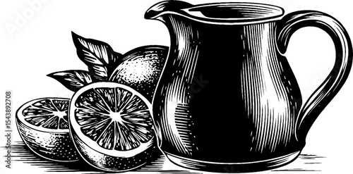Classic lemonade pitcher with fresh lemon slices in black and white