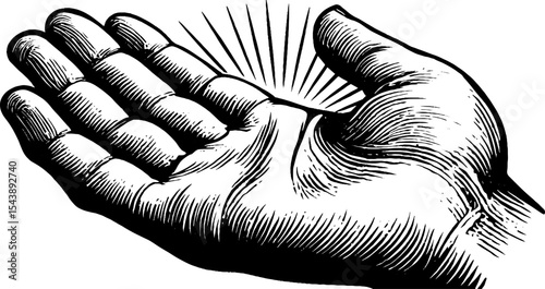 Mystical left hand with crescent and radiating lines illustration for spiritual design