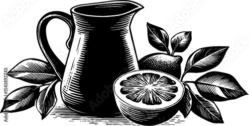 Vintage lemonade pitcher with lemon slices and leaves art for kitchen decor