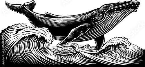 Majestic leviathan amidst churning ocean waves in spiraling motion design