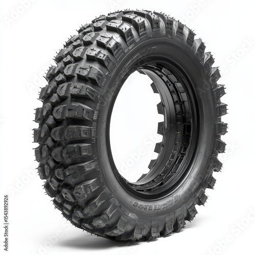 A close-up image of a rugged off-road tire with deep treads designed for enhanced traction on rough terrain, shown against a white background.