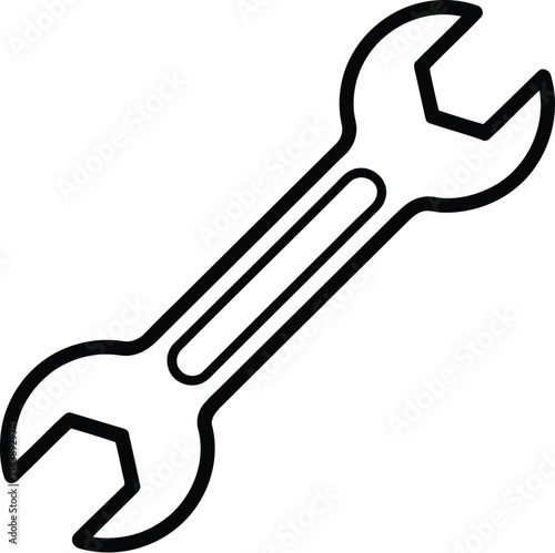 A simple black outline of a wrench tool isolated on a white background space