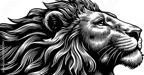 Majestic lion with crown and flowing mane in black and white design