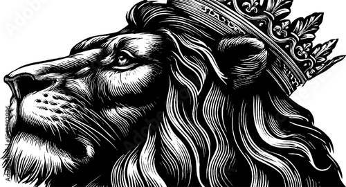 Majestic lion with crown and flowing mane in black and white design