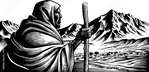 Lone wanderer in cloak with walking stick in dramatic mountain landscape