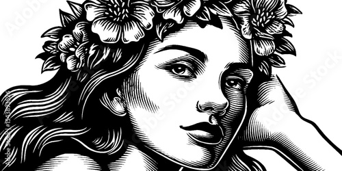 Elegant maiden with floral crown and flowing dress in black and white art design
