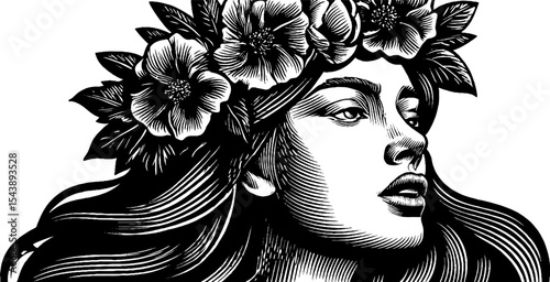 Enchanting maiden with floral crown in flowing dress - vintage elegance concept