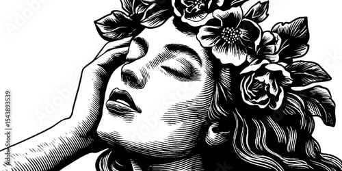 Tranquil maiden with floral crown in flowing dress - elegant black and white design for print