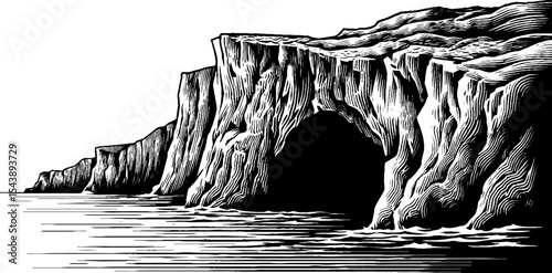 Dramatic cliff overhanging water in black and white for nature art and design