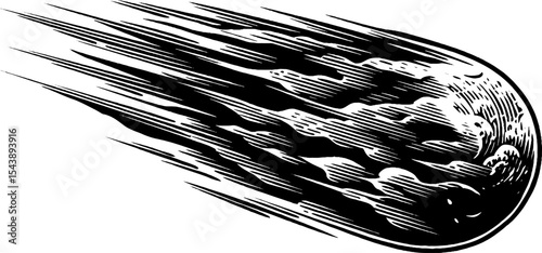 Dynamic meteor entering earth's atmosphere in vintage black and white woodcut design