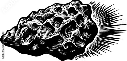 Detailed meteorite with pitted texture and irregular form for space and astronomy design