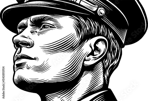 Military profile illustration - man in uniform with straight cap design for posters and prints