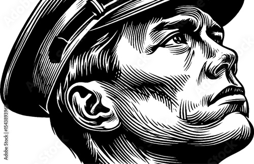 Profile of a military man in black cap with engraved style