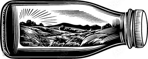 Vintage style black and white milk bottle with scenic landscape design