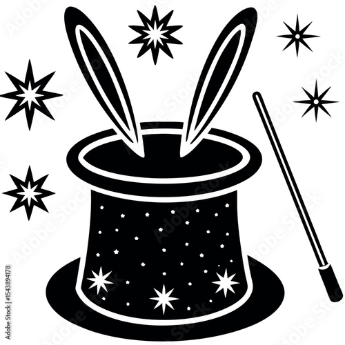 Magic hat rabbit ears wand stars isolated on white background