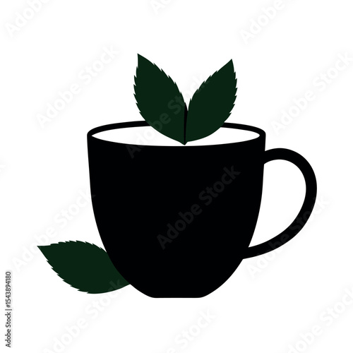 Cup of Tea with Fresh Mint Leaves Black Vector