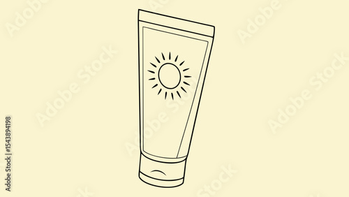 Clean vector illustration of a sunscreen tube with a sun symbol on a light beige background