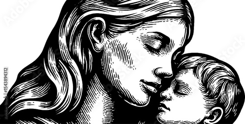 Mother and child peaceful embrace in black and white art