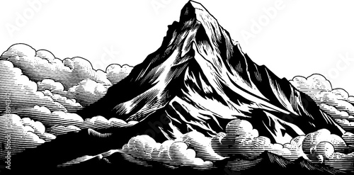 Majestic mountain peak rising through cloud layers in black and white design