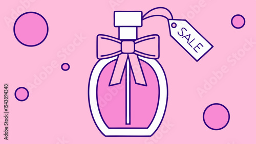 Colorful vector illustration of a perfume bottle with a sale tag on a pink background