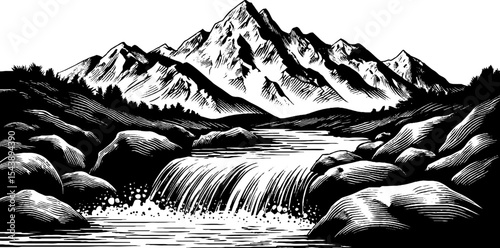 Serene mountain stream flowing through rocky landscape in black and white artwork