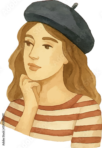 Stylish woman in a beret and striped shirt, illustrated in vintage Parisian fashion, perfect for travel, culture, and artistic design themes