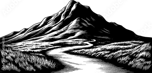 Tranquil mountain landscape with winding path in black and white