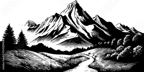 Black and white mountain landscape with winding path for outdoor adventures