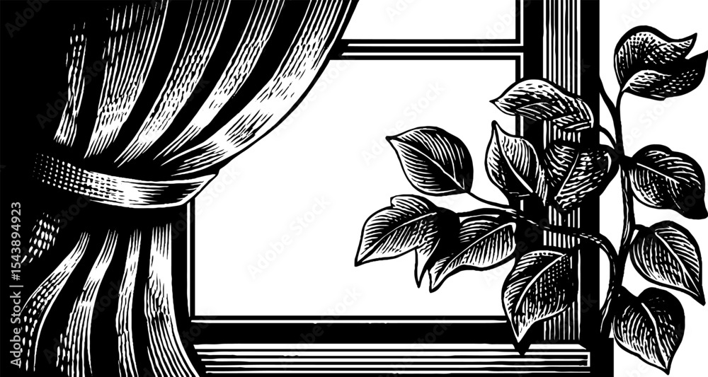 Elegant interior scene with narrow window, draped curtain, and trailing vine design