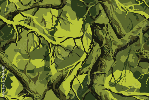 A camouflage pattern with intricate tree branches and roots, using olive green as the dominant color.Camouflage seamless pattern. Hunting camouflage background. Vector tree hunting camouflage.