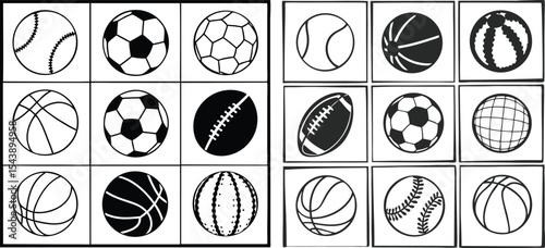 "Set of Black and White Cartoon Sports Ball Icons – Vector Collection"

