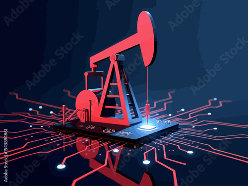  Digital oil pumpjack positioned on circuit board representing smart oil industry
